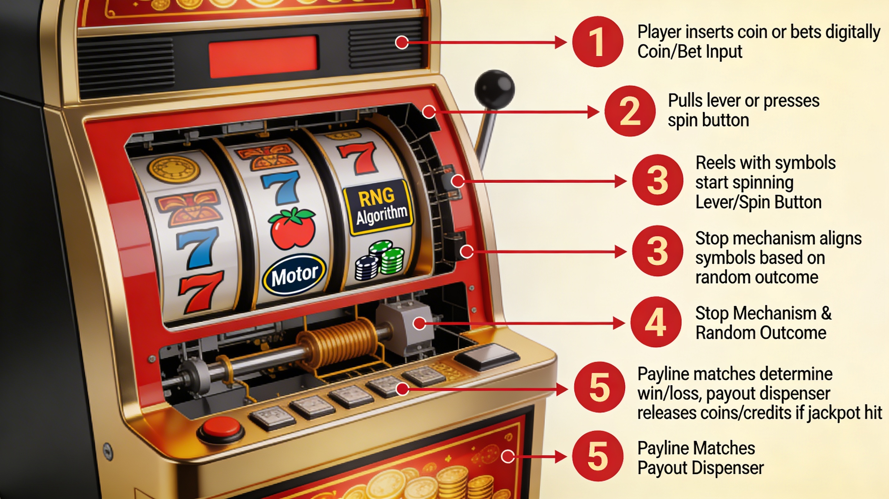 How a slot machine works: bet, spin, reels, RNG and payline payout